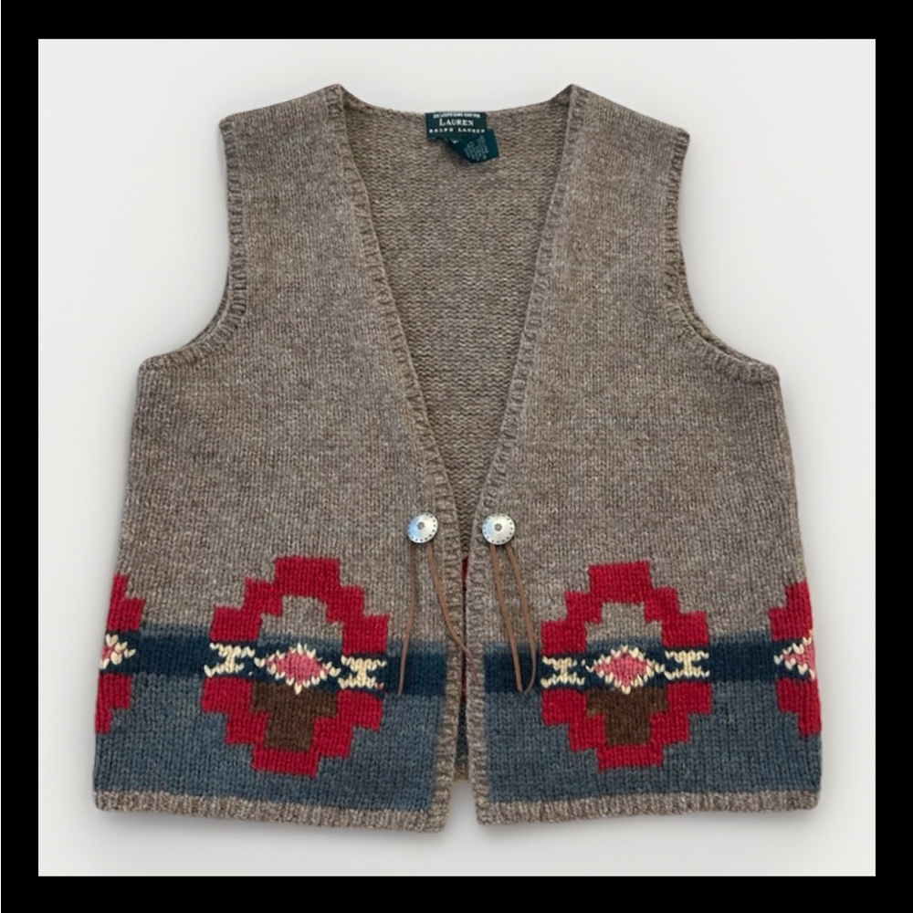 Vintage Ralph Lauren Hand Knit Sweater Vest Wool Aztec Southwestern Native XL